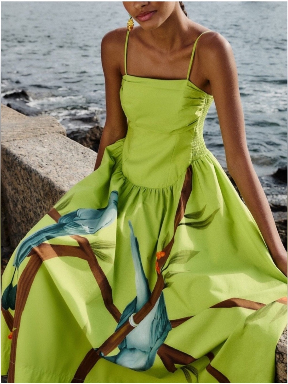 FARM Rio Lime Green Spaghetti Strap Maxi Dress with Blue Bird Print L NWT - Picture 1 of 16